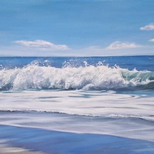 Oil on canvas depicting a braking wave at a beach