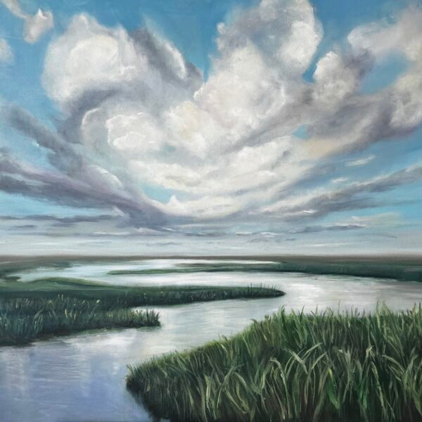 Oil on canvas depicting a river